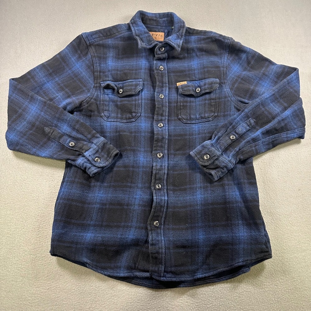 Orvis Mens Flannel Shirt Medium Blue Black Plaid Cotton Button Down Pockets